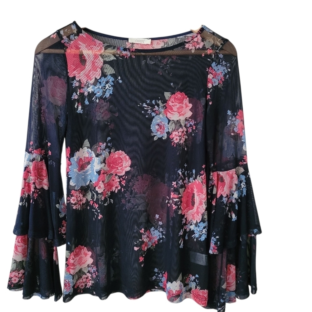 Sheer See Through Blue Floral Top Blouse Long Flare Sleeve - Picture 2 of 9